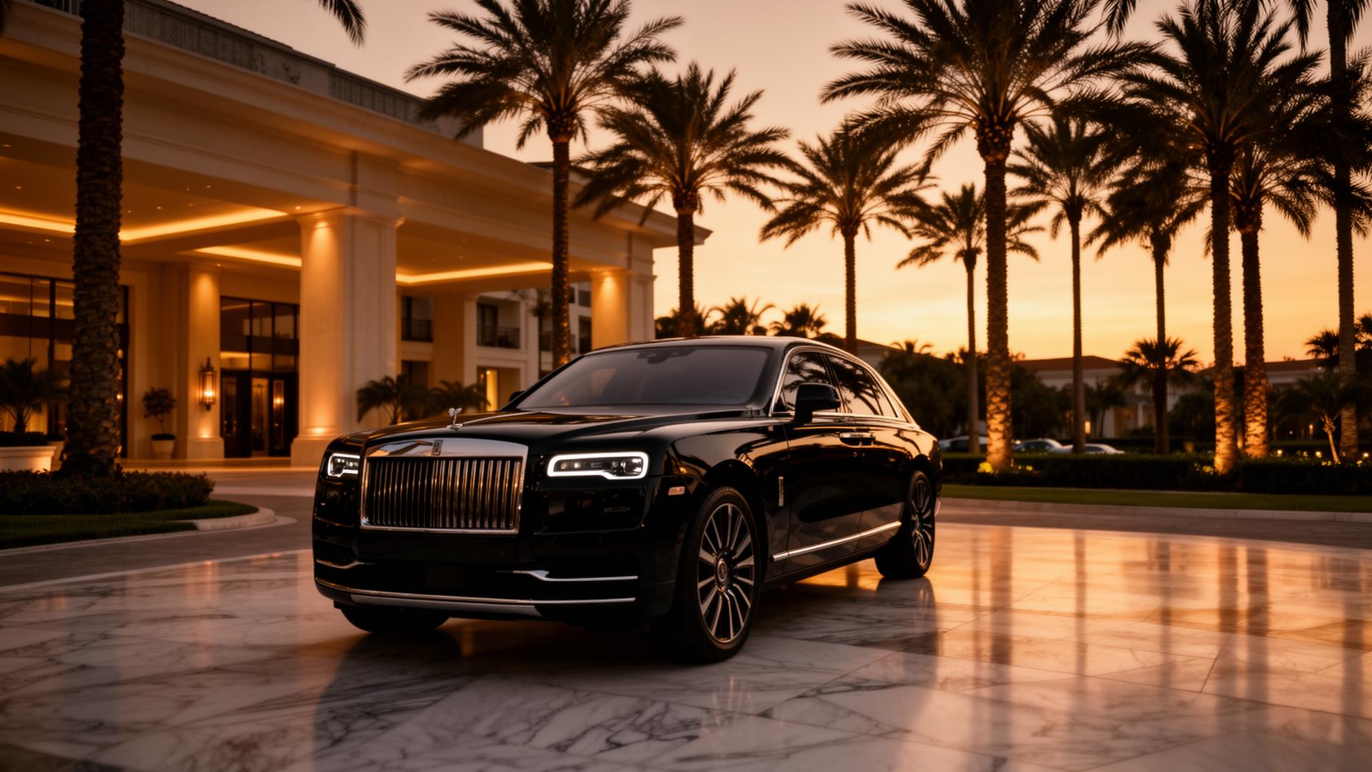 A black luxury vehicle at a Florida resort entrance at sunset
